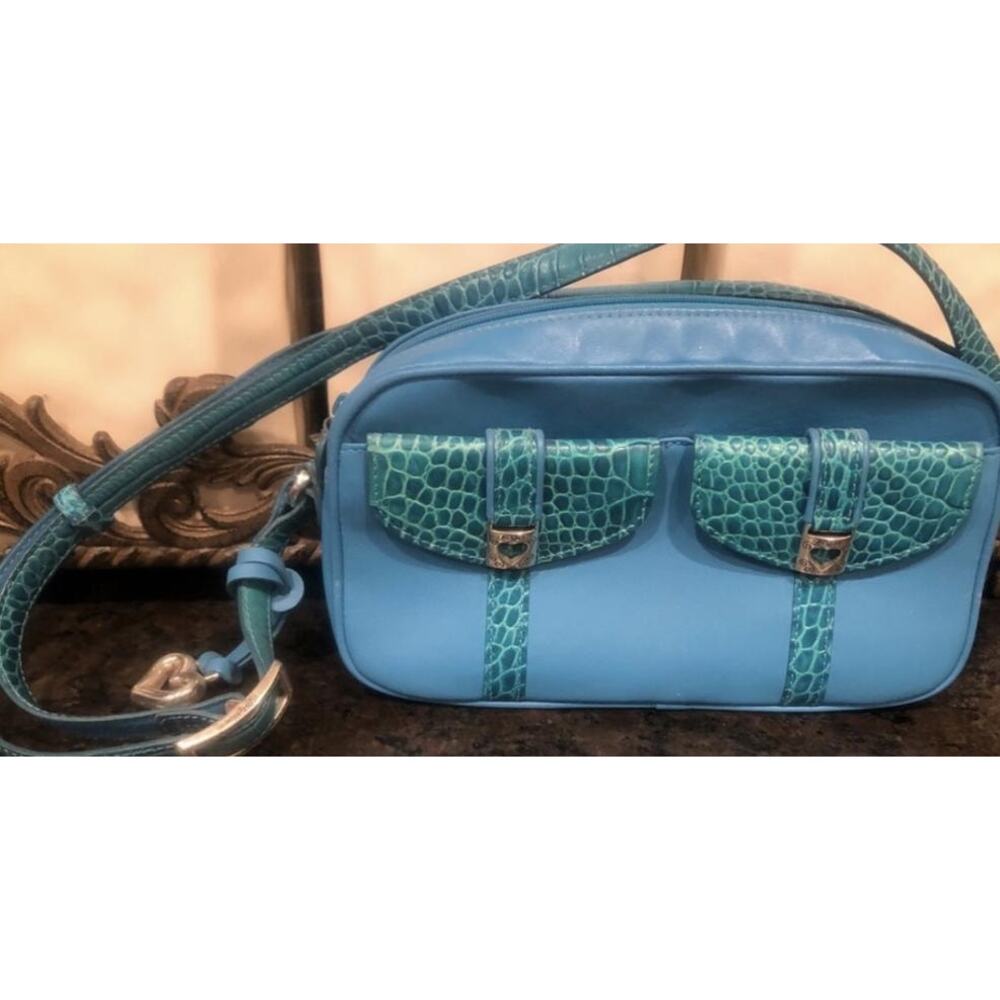 Brighton Shoulder Hand Blue Leather Purse Bag With Croc Trim - Preloved